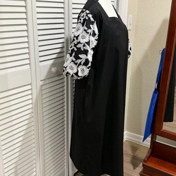Chico’s Black Midi Dress Embroidered Puff Sleeve 3 (XL) NWT - Picture 4 of 9